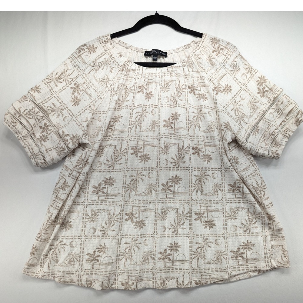 Fred David Womens Large Beige Palm Tree Scenic Short Sleeve Top
